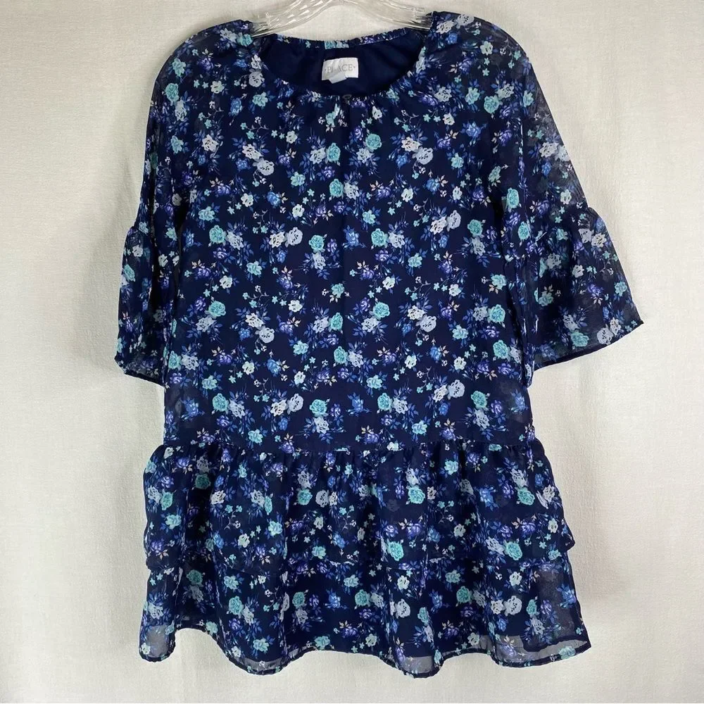 5/$25 Children’s Place Blue Floral Sheer Bell Flare Sleeves Tiered Overlay Lined